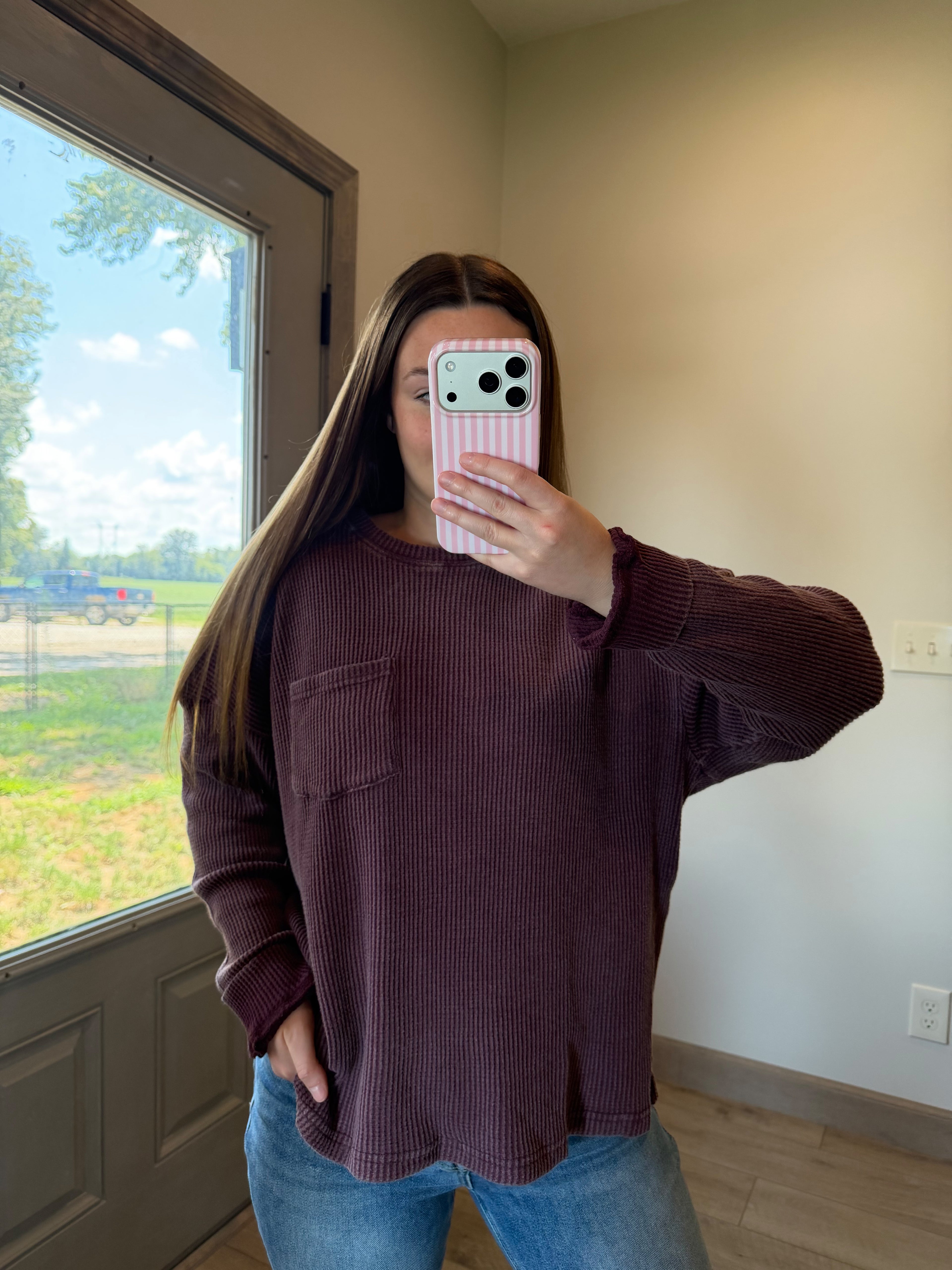 Mineral Wash Waffle Top - Dark Cherry