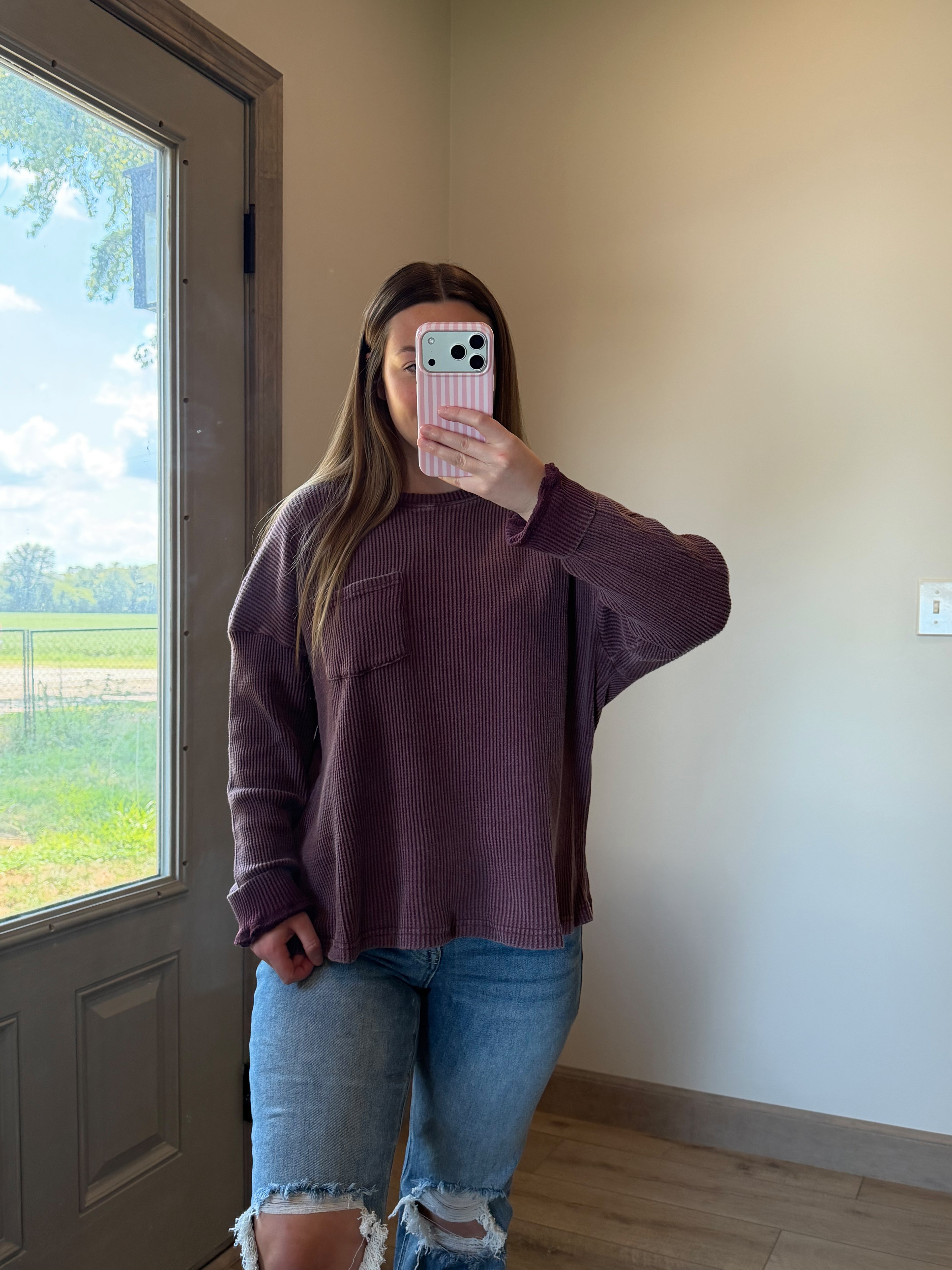 Mineral Wash Waffle Top - Dark Cherry